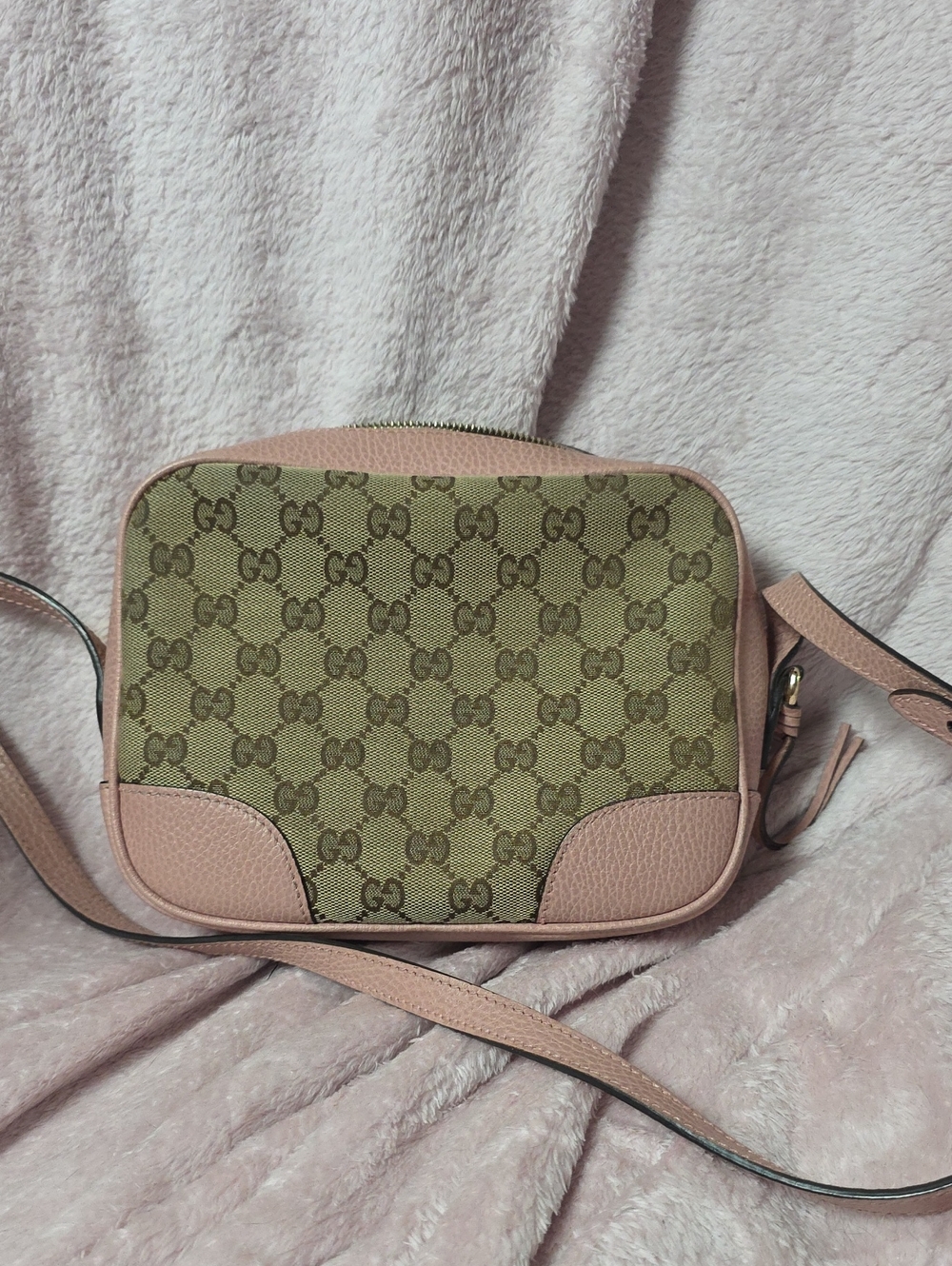 Gucci Beige GG Canvas Crossbody with Pink Trim